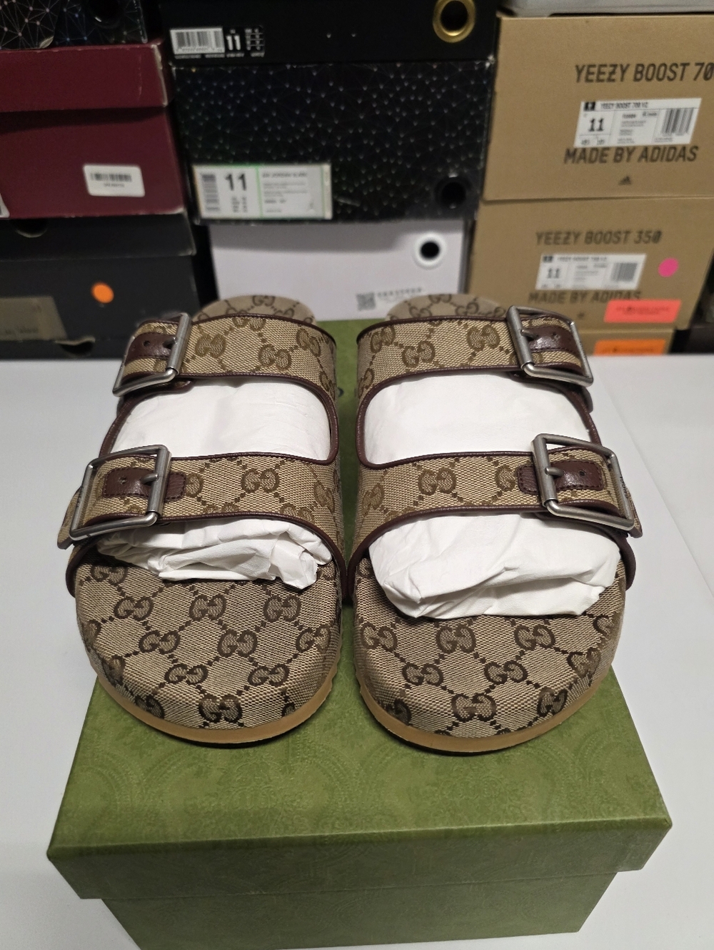 Gucci GG Size 44 (11) Beige/Brown Canvas and Leather Double Buckle Slide Sandals - Picture 2 of 11